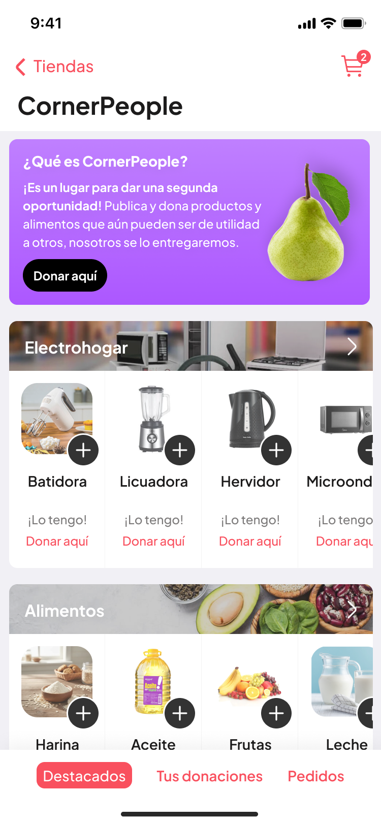 CornerPeople donation marketplace home screen