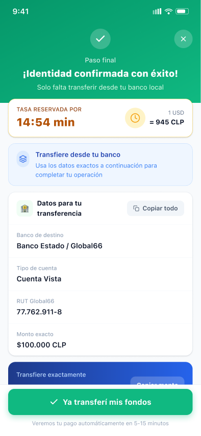 Global66 bank transfer instructions screen