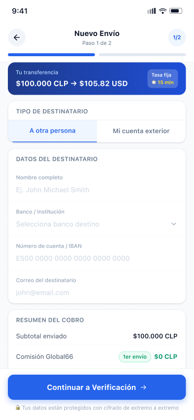 Global66 recipient details screen