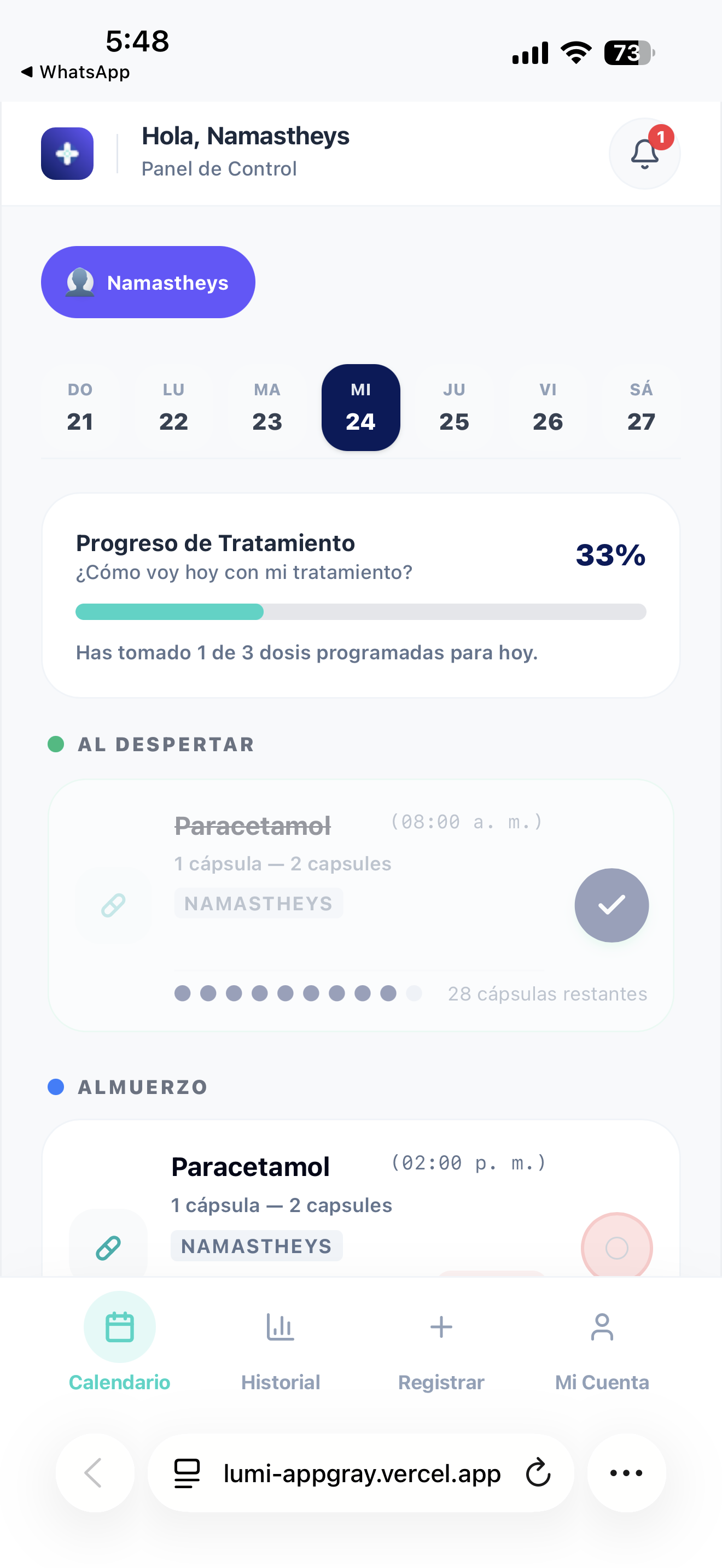 Lumi dashboard showing treatment progress at 33 percent adherence