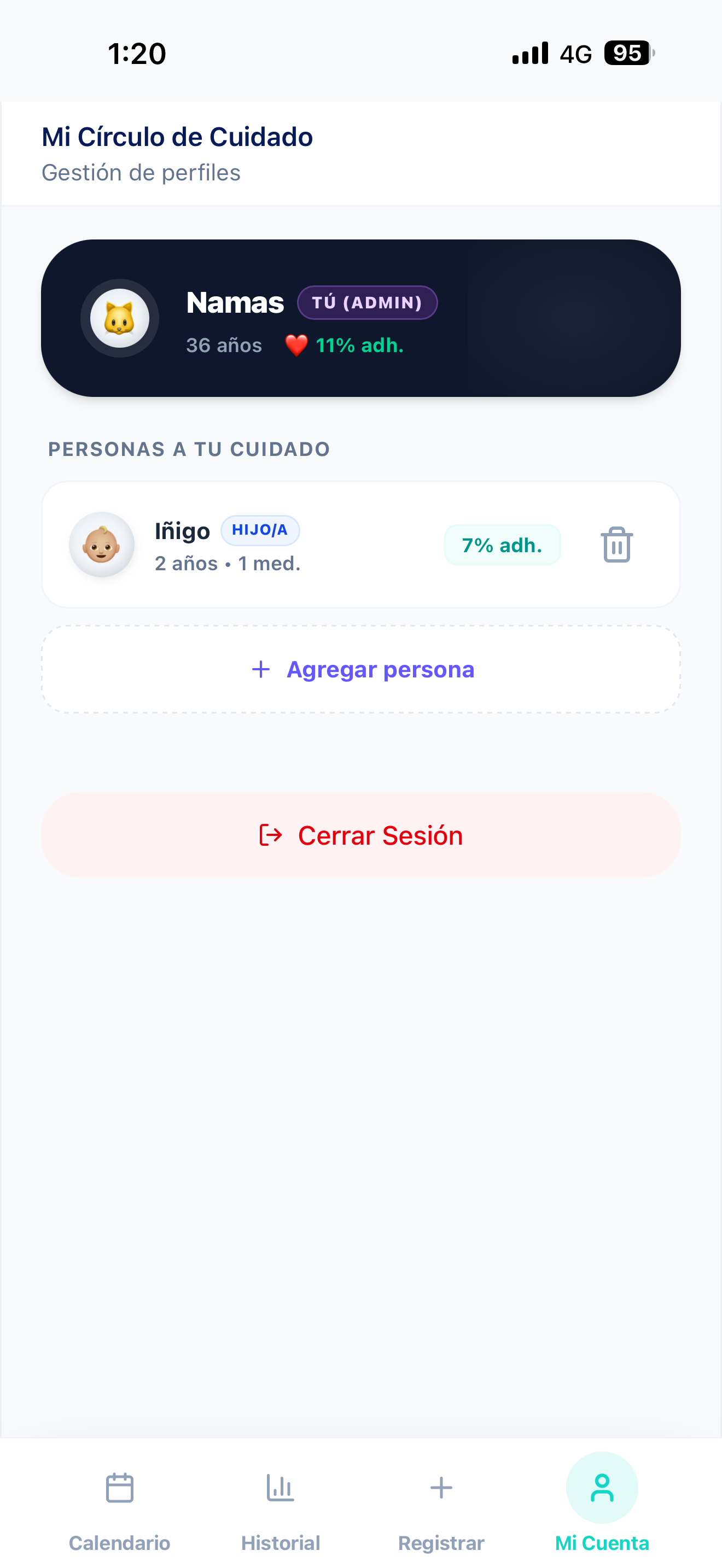 Lumi Care Circle showing administrator and dependent profile