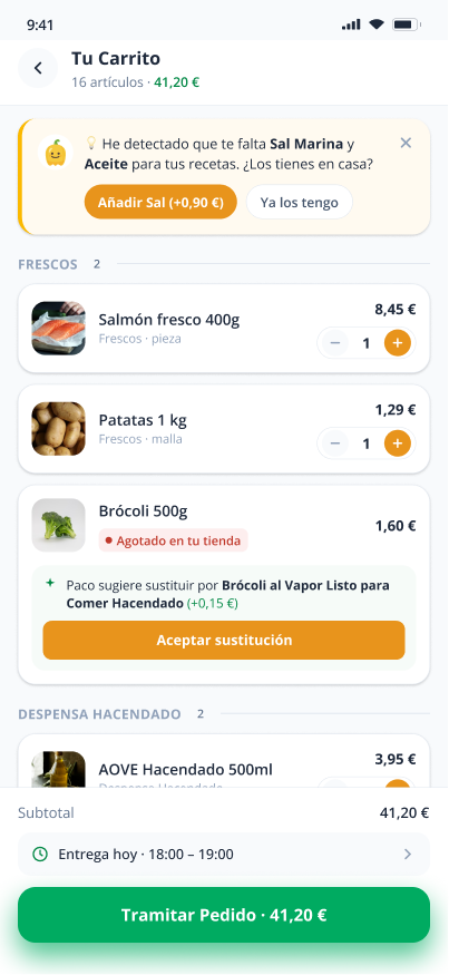 Mercadona cart with Paco missing-item and substitution suggestions