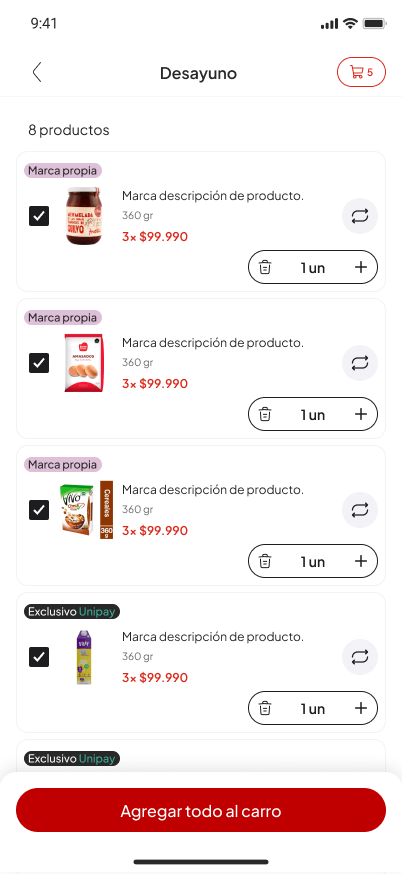Lista de productos del desayuno