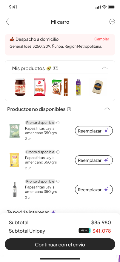 Carro con productos no disponibles y opción de reemplazo