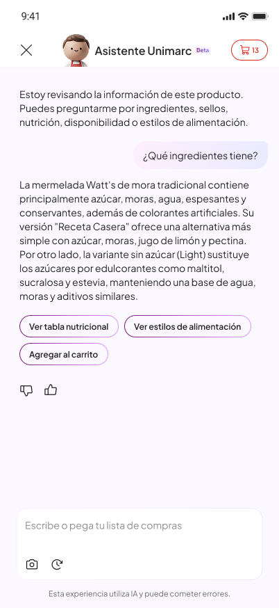 Consulta de ingredientes respondida por el asistente