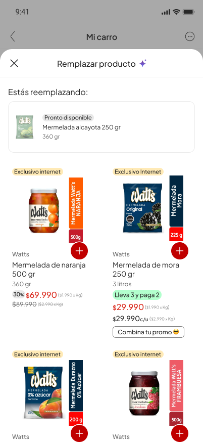 Pantalla de reemplazo con alternativas para un producto sin stock